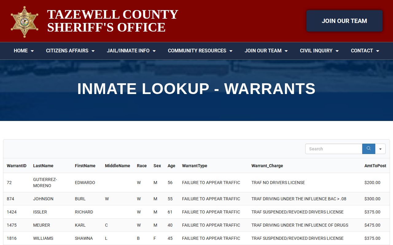 Tazewell County active warrant table