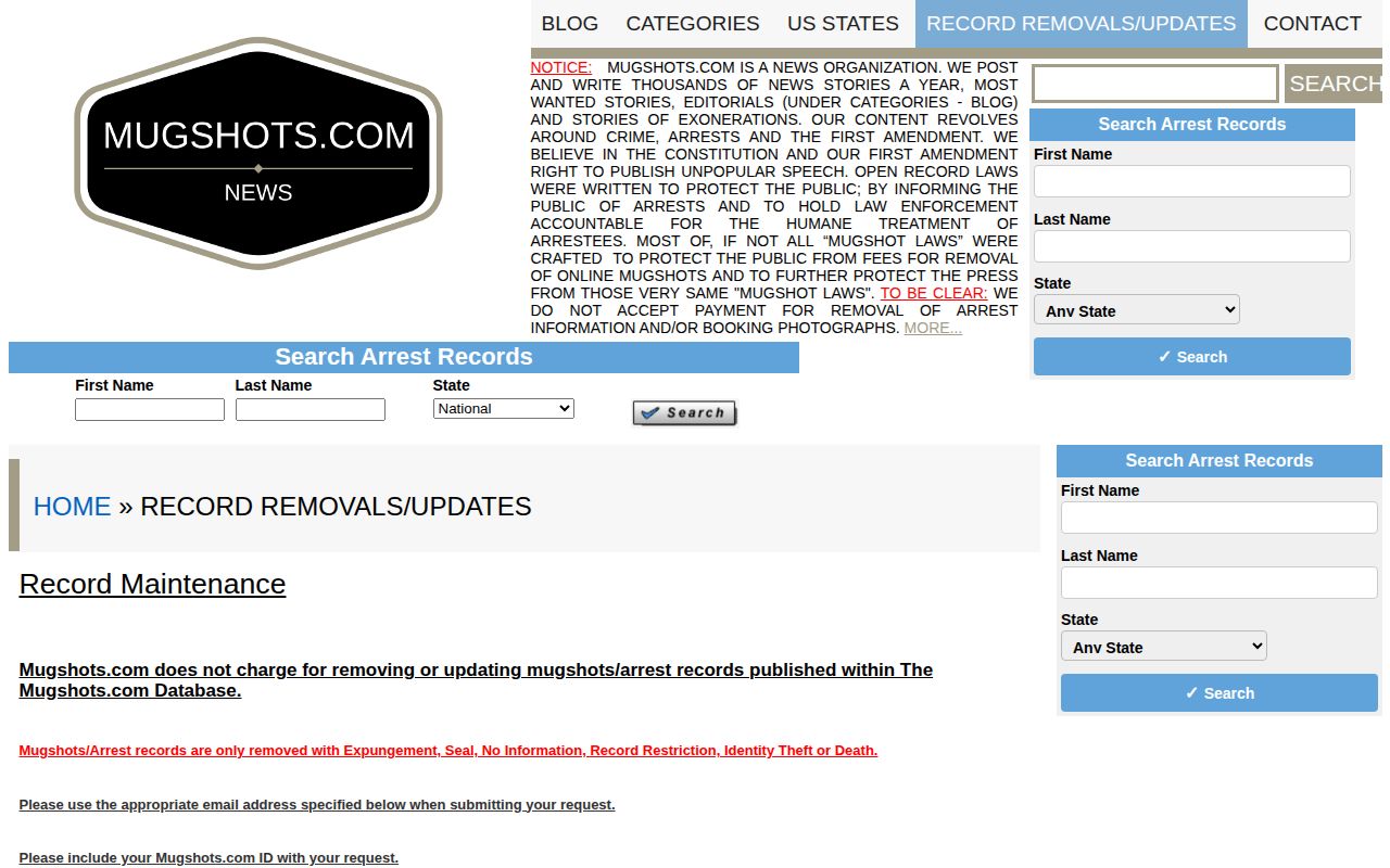 Mugshots.com free record maintenance policy