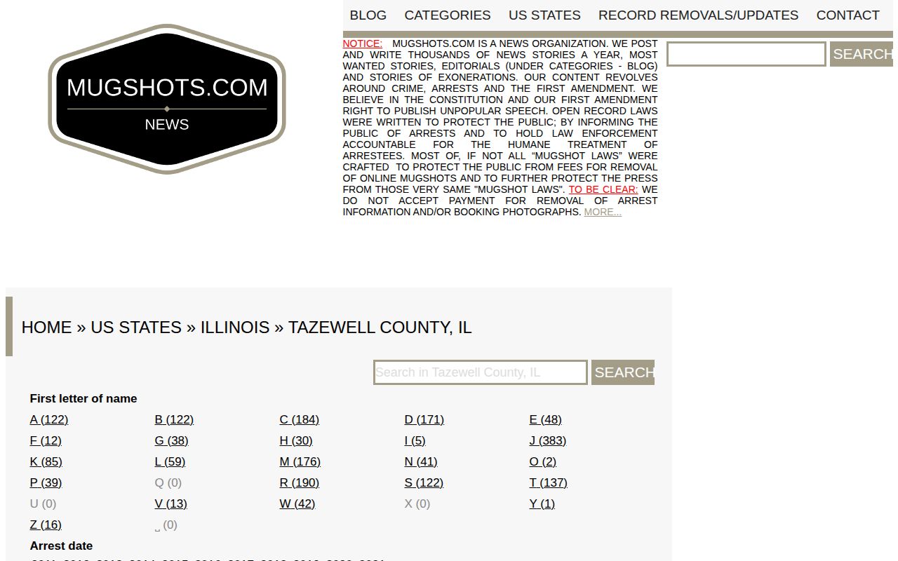 Historical Mugshots.com Tazewell County index interface